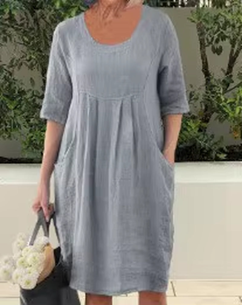 Plaid Pocket Dress – Oversized Cotton Linen Comfort with Effortless Summer Style
