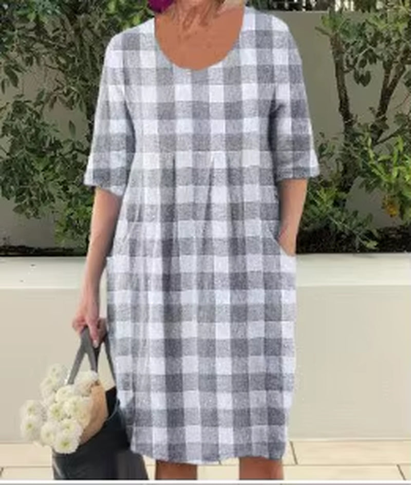 Plaid Pocket Dress – Oversized Cotton Linen Comfort with Effortless Summer Style