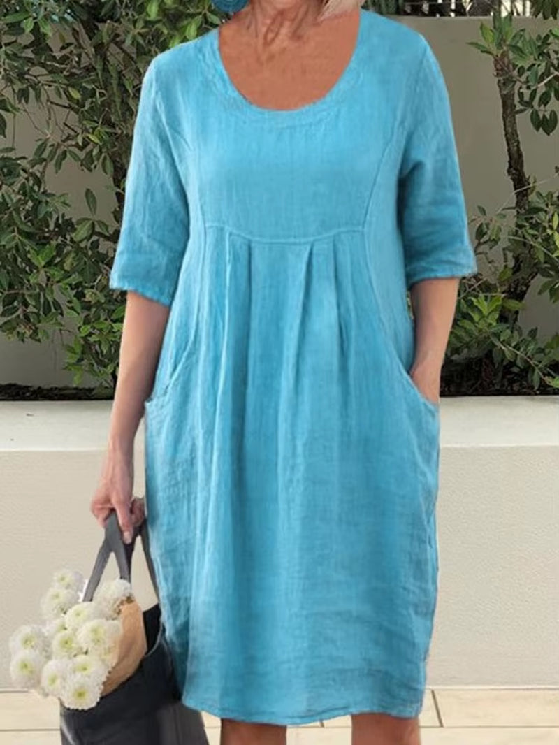 Plaid Pocket Dress – Oversized Cotton Linen Comfort with Effortless Summer Style